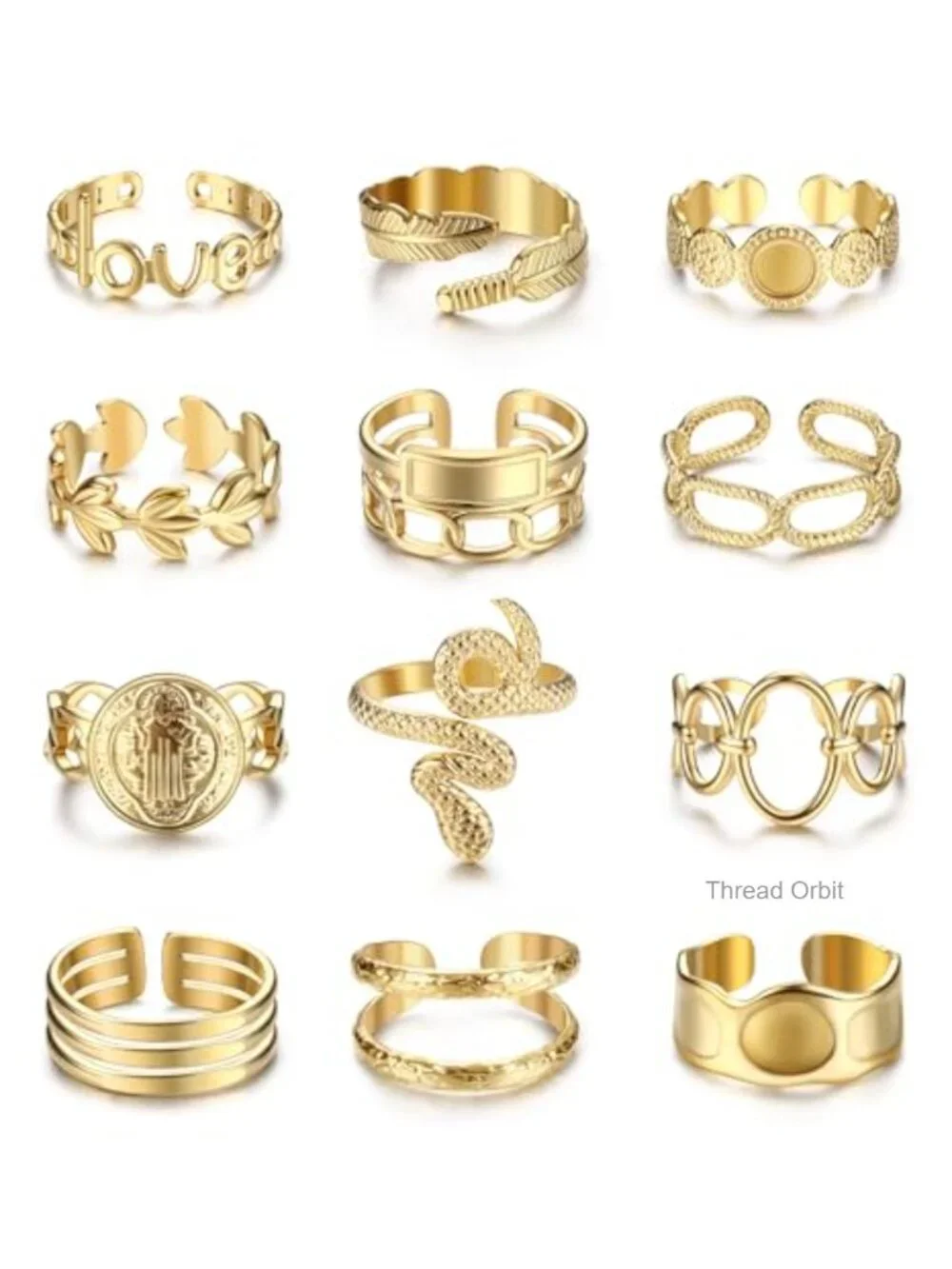 18K Gold Plated Stainless Steel Stacking Rings Set - 12 Pcs Adjustable Open Band